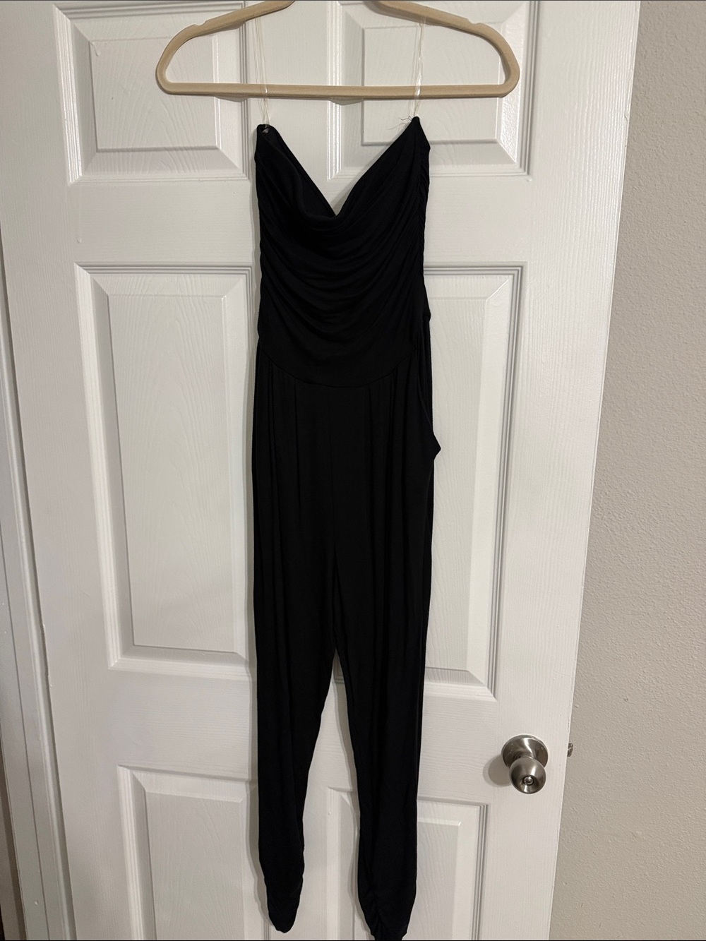 Heart & Hips Black Strapless Draped Jumpsuit